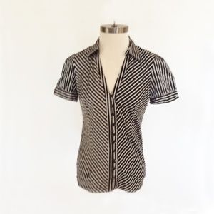 COTTON EXPRESS B&W Striped Blouse V Neck Button Down Women's Medium